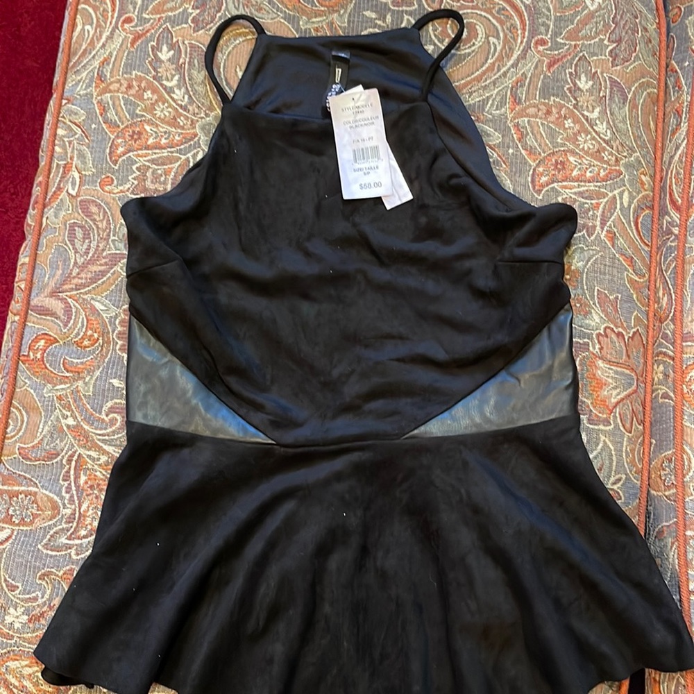 NWT Black faux suede & leather peplum top.